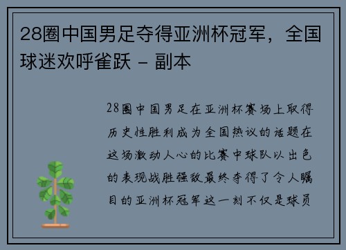 28圈中国男足夺得亚洲杯冠军，全国球迷欢呼雀跃 - 副本